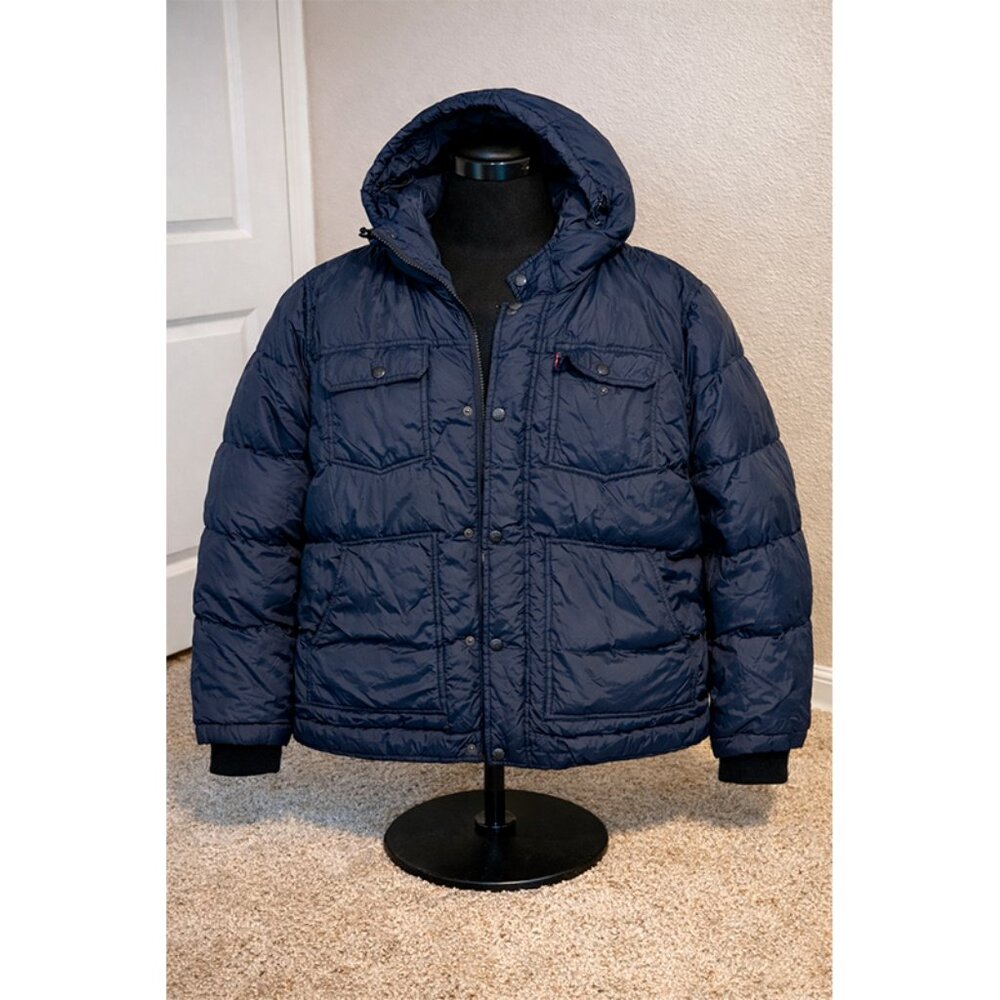 Levi's Men Navy Blue Hooded Puffer Winter Jacket Coat Size XXL Zipper Snaps